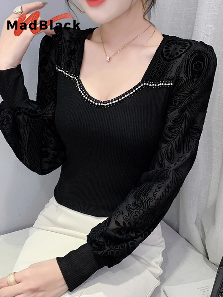 

MadBlack European Clothes Tshirt Women Sexy V Neck Hollow Out Flocking Mesh Diamonds Top Long Sleeve Tees Spring Autumn T43122JC