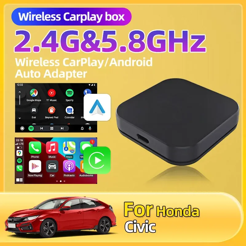 Для Honda Civic 5,8 ГГц Wi-Fi, скорость передачи Plug and Play, беспроводной адаптер Android 13, автомобильные интеллектуальные системы, 2 в 1, AI TV Box