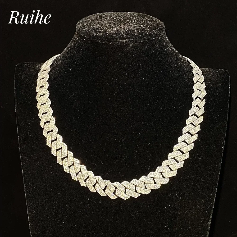 

Ruihe 925 Silver with Moissanite Cuban Link Chain Necklace for Men Rapper Hip-Hop Jewlery