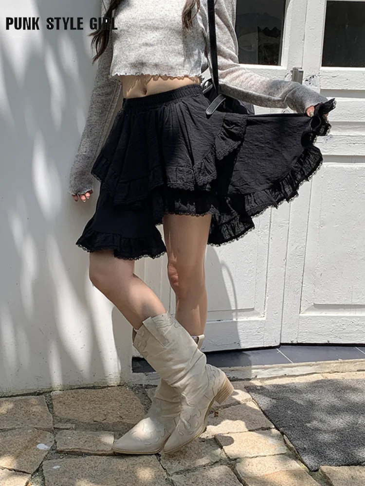 

Summer Mori Girl Style Irregular Fairy Core Mini Skirt Women Elastic High Waist A-line Irregular Lace Trim Ruffles Cake Skirts