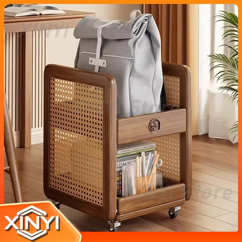 Solid Wood Schoolbag Rack for Kids Room Storage Trolley Bookshelf Artifact Home Bag Organizer Pulley Cabinet Under Table
