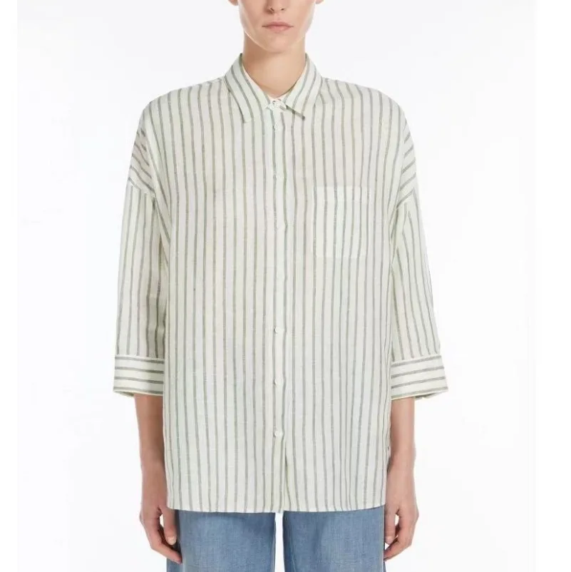 

Dave&di Simple And Versatile Commuting Seven Quarter Sleeved Linen Striped Shirt & Blouses Women's Clothes Shirts Tops