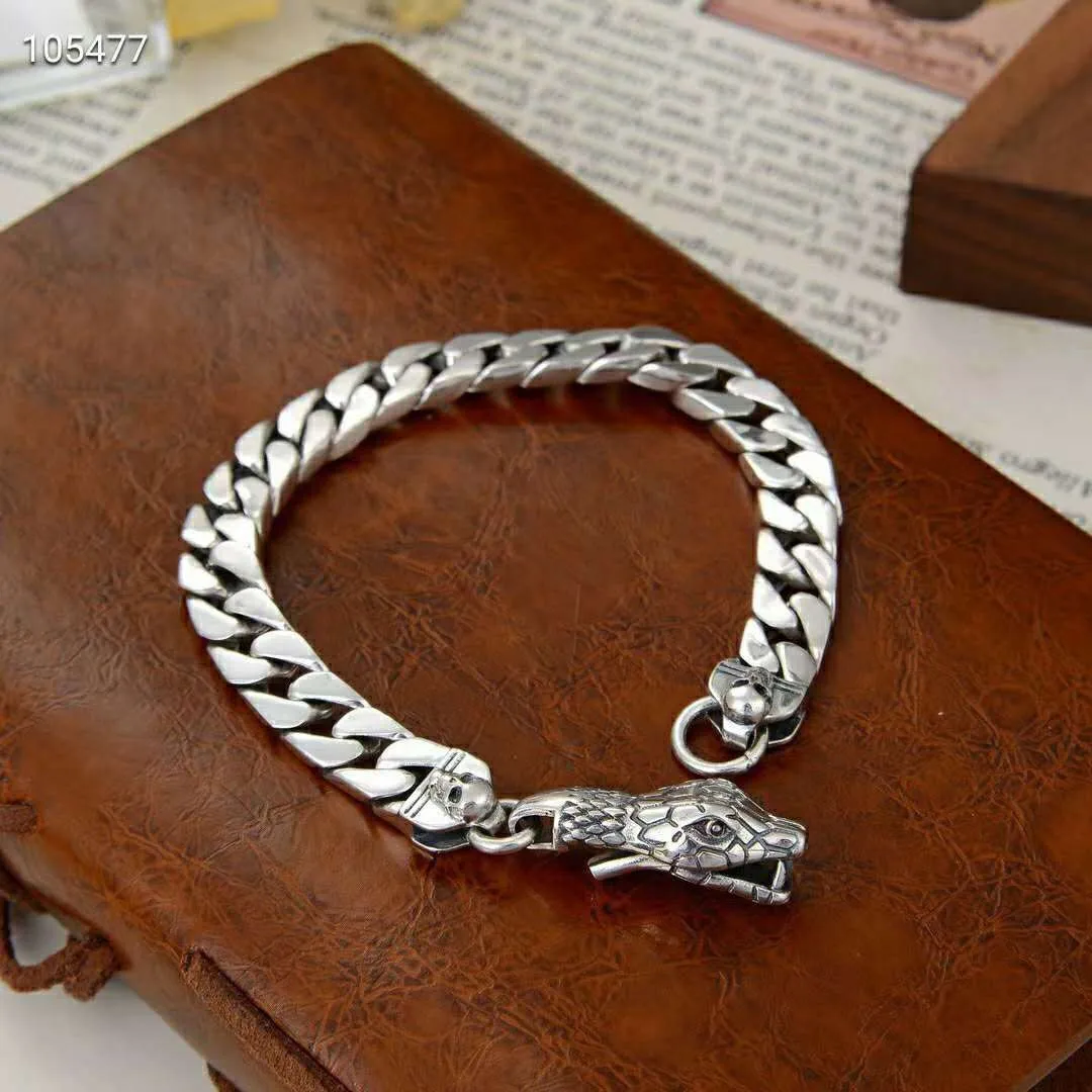 Domineering men's thick snake bracelet s925 pure silver flat chain python snake head skull minimalist Thai silver single trend