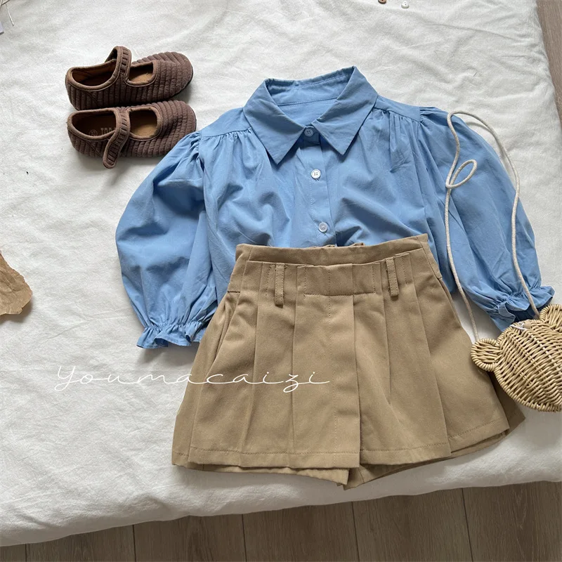 

Happy Fan Spring and Autumn New Children's Turn-Down Collar Puff Sleeve Shirt Girls' Solid Color College Style Elegant Shirt