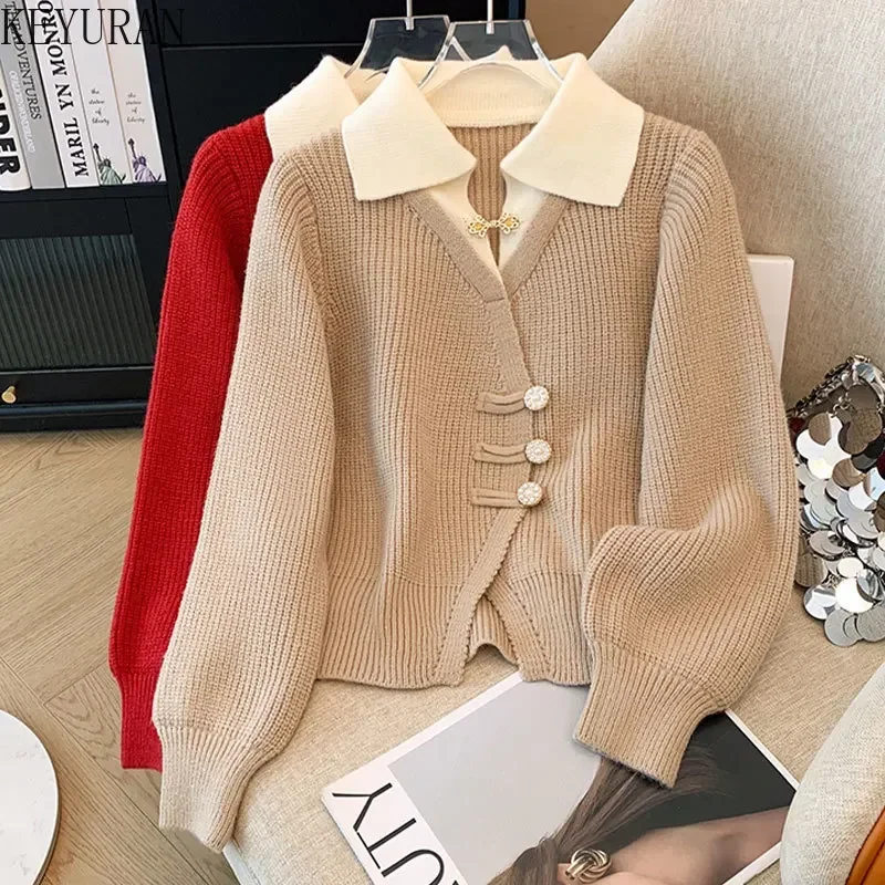 2024 Autumn Winter Polo Collar Spliced Fake Two Piece Knitted Cardigans Sweater Women\'s Vintage Long Sleeve Knitwear Tops Jumper