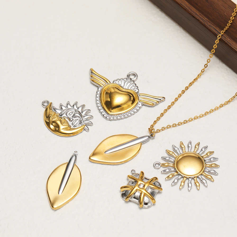 4Pcs Gold Plated Stainless Steel Sun Moon Heart Pendants for DIY Jewelry Making Necklace Charms Bracelet Earrings Supplies Bulk view 3