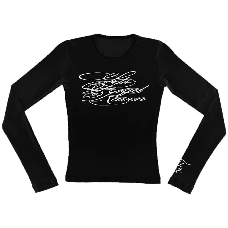 Damska koszulka z długim rękawem w stylu goth punk retro hip hop z nadrukiem liter, dopasowany krój, krótki top, ubrania w stylu emo streetwear z lat 2000. i Y2K.