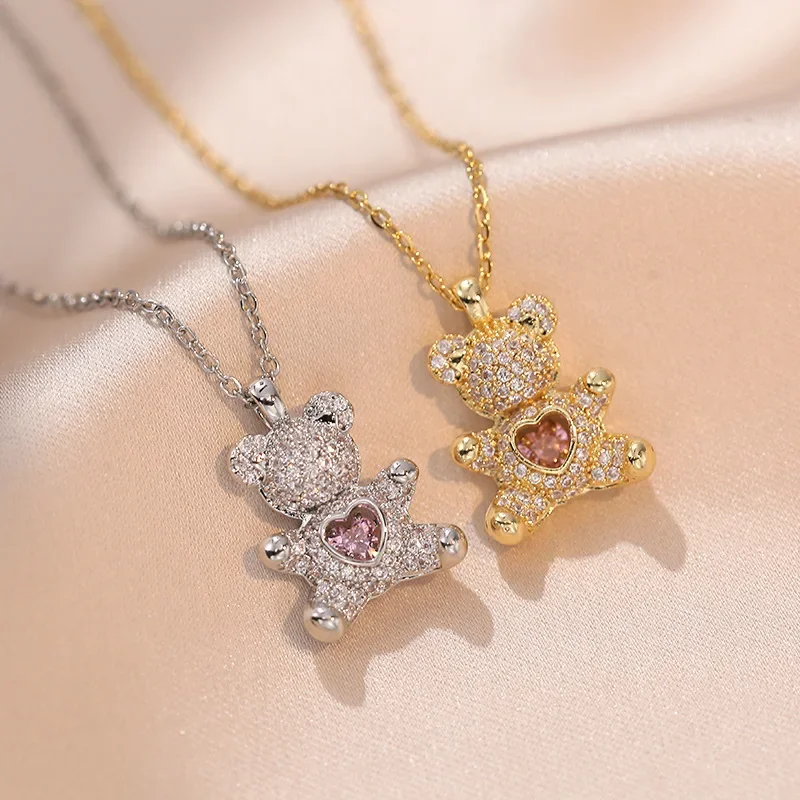 New Light Luxury Style Cute Bear Pendant Necklace Micro-paved Pink Zircon Adjustable Clavicle Chain Women's Festival Necklace