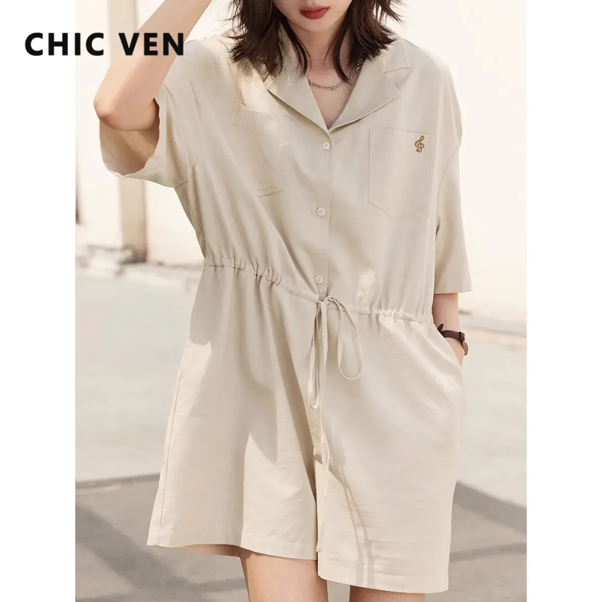 CHIC VEN Damen-Overall, koreanischer Kordelzug, lässig, weites Bein, Shorts, neue Strampler, weibliche Playsuits, Sommer 2023, für Mädchenkleidung