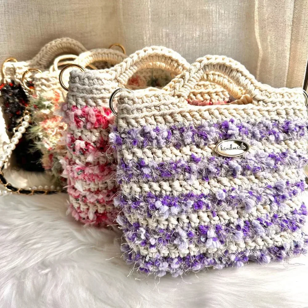 MS Handmade Crochet Bag for Women Luxury Wool Blended Yarn Chic French Style Handbag Shoulder Pouch Noble Ladies Purses New 2023