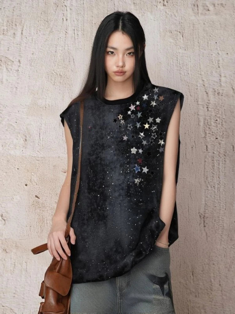 

Y2k Punk Gothic T Shirts Sleeveless Star Print Tie Dye Oversized Casual Loose Tops Harajuku Vintage Tees Summer Women's Clothing