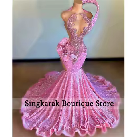Pink Sequin Prom Dresses Beaded Rhinestones Mermaid Birthday Dress Luxury 2026 Evening Party Dress Customized