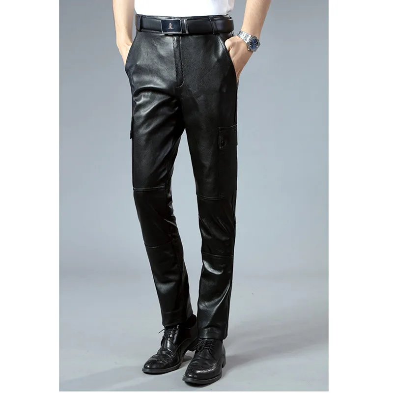 Men's Cowskin Pants, Motorcycle Cargo Pants, Goatskin, Casual Slimming, Autumn And Winter,  Cycling Leather Pants