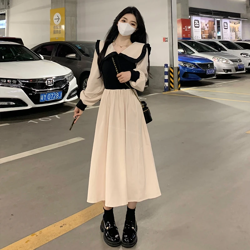 

2024 милое платье миди с круглым воротником и рукавами-фонариками, женская одежда на осень и зиму, Свободные повседневные платья в Корейском стиле