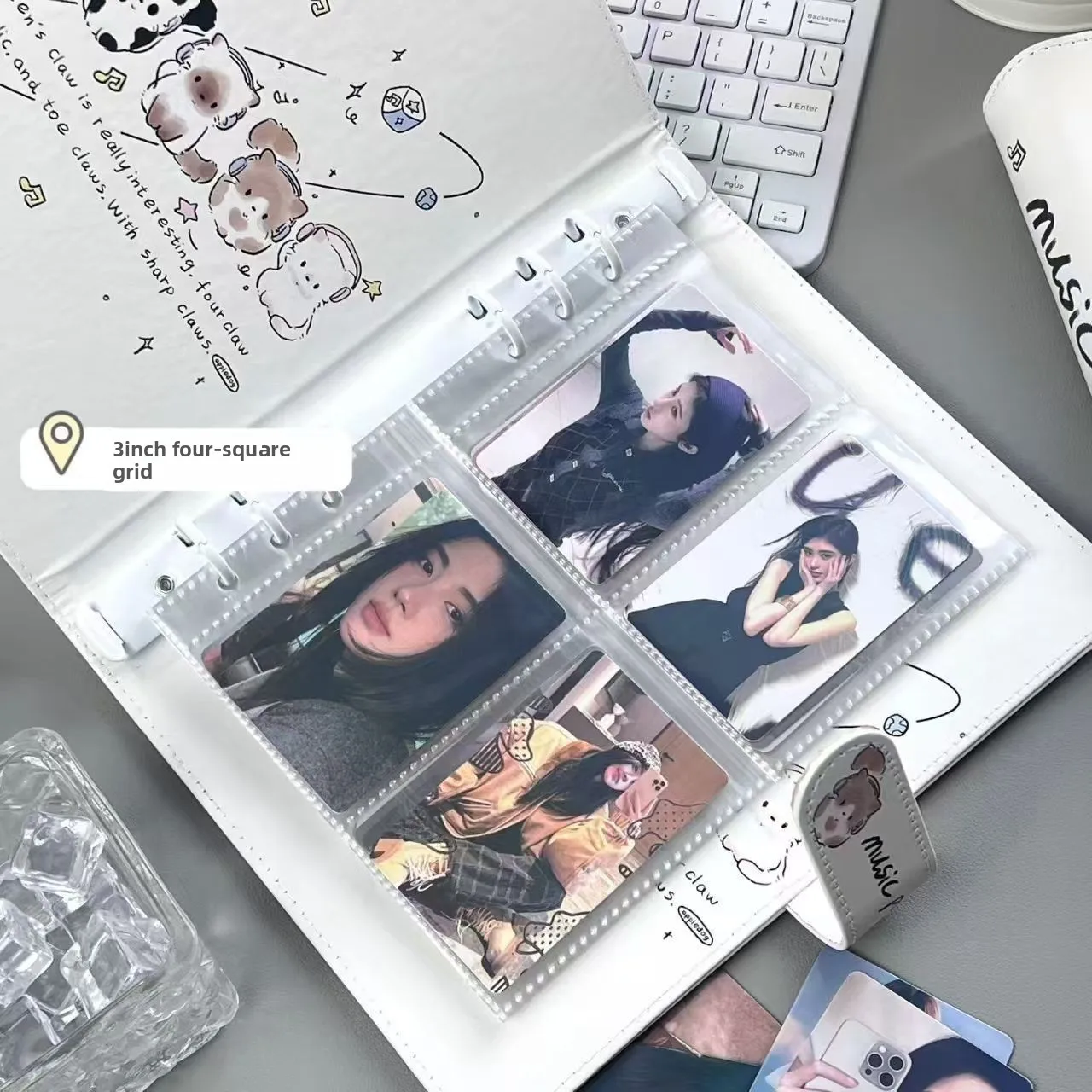 Music Cat Card Album Magnetic Closure A5 Four Grid Loose Leaf 3 Inch 5 Inch Laminated Niche Leather Storage Journal Stylish