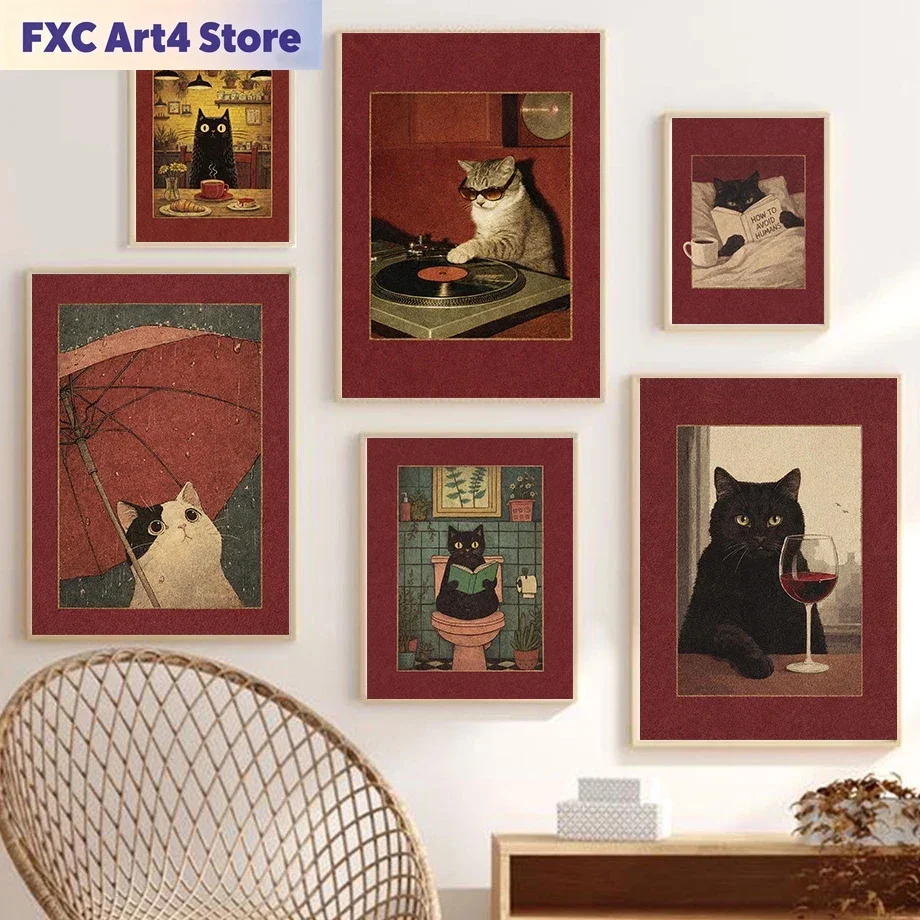Rahmenloses 1-teiliges rahmenloses Gemälde mit gemütlichen Katzen, lustige Katzen-Kunstdrucke, Leinwandgemälde, rote Serie, Wandkunst, Bilder für Zuhause und Wohnzimmer