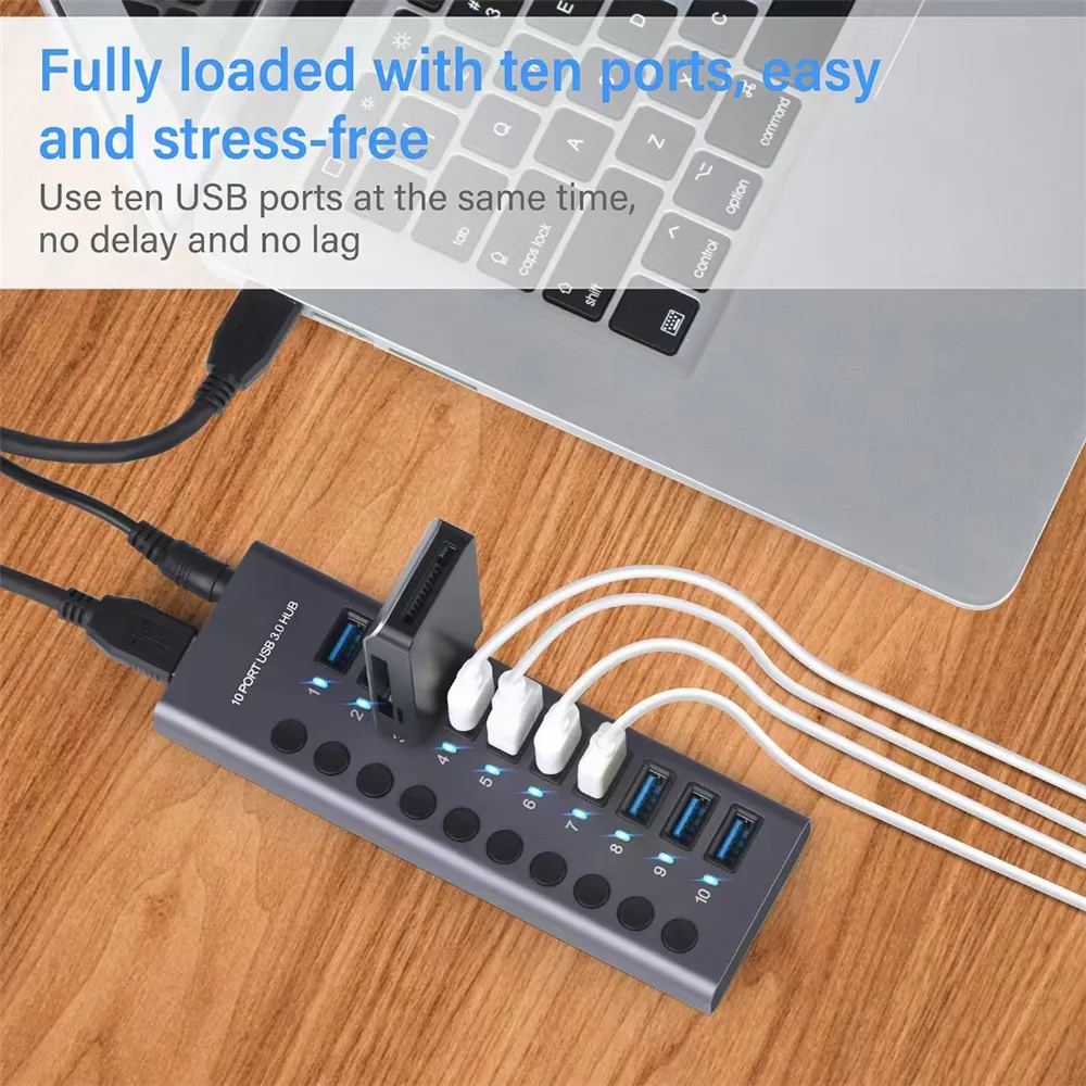 10 7 4 Port USB Hub 3.0 Aluminum A 3 0 Multi-hub Splitter Concentrator Multiple Extension Dock with Switch Adapter for PC Laptop