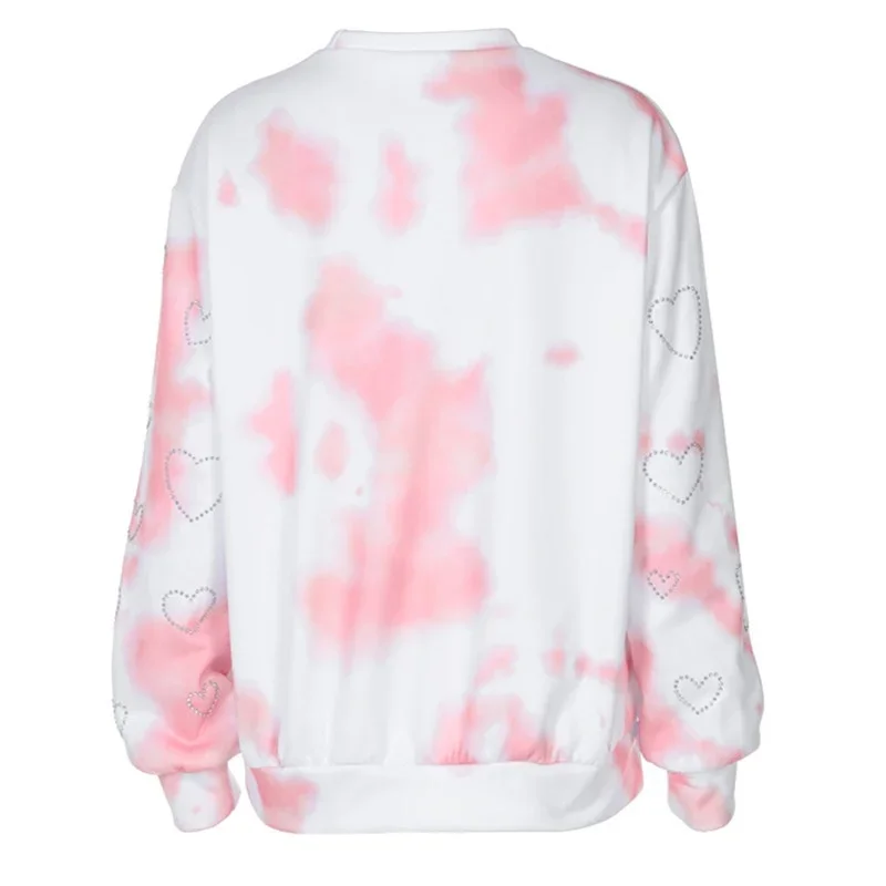 2024 Woman Long Sleeve Tops Hoodies Heart Bronzing Diamond Valentine's Day Fashion Round Neck Tie-dye Loose Pullover Sweatshirts