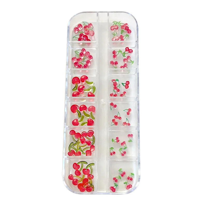 12グリッド/ボックス 60個入り 3Dアクリルフルーツネイルアート チェリー ストロベリー チャーム アクセサリー ネイルデコレーション マニキュアデコ用品