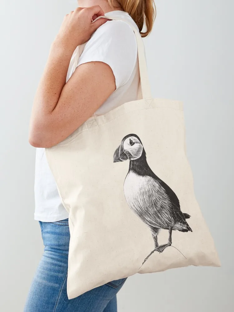

Atlantic Puffin - wild seabird - black and white animal ink illustration Tote Bag hand bag ladies Lady bag
