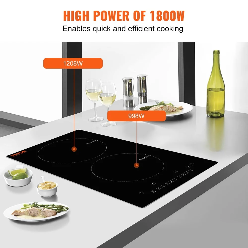 12 Inch Electric Cooktop 2 Burners 1800W Touch Control Built-In Induction Stove High Power Multi-Pot Cooking Safety Features
