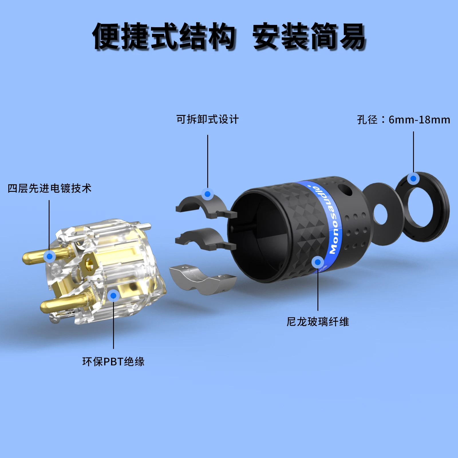 โมโนเสียดิโอ E103G/F103G ชูโก้ปลั๊กไฟขั้วต่อชุบทอง 99.998% ทองแดงบริสุทธิ์ IEC หญิงสายไฟ AC สายไฟ