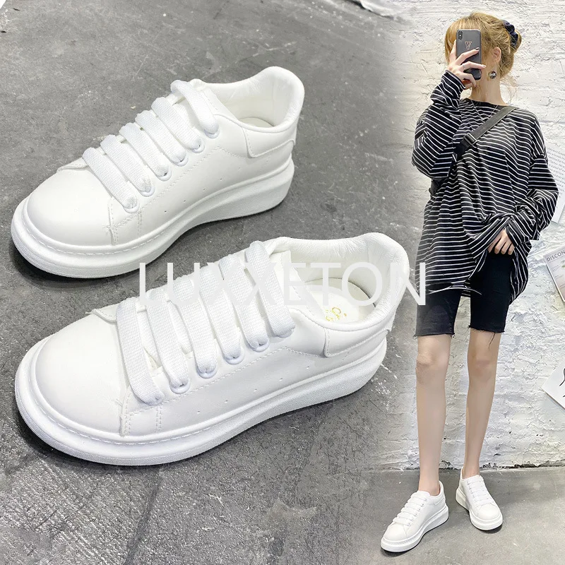 Women Leather Vulcanized Shoes Spring and Autumn New Running Fashion Breathable Walking Thick Soled Women White Sneakers