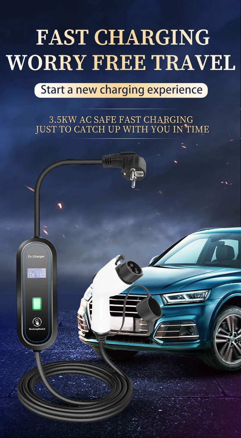 Teschev Portable EV Charger Type2 IEC 62196 Electric Car Charger 3.5KW 16A 1Phase EVSE Fast Charging Wallbox EV Charging Station