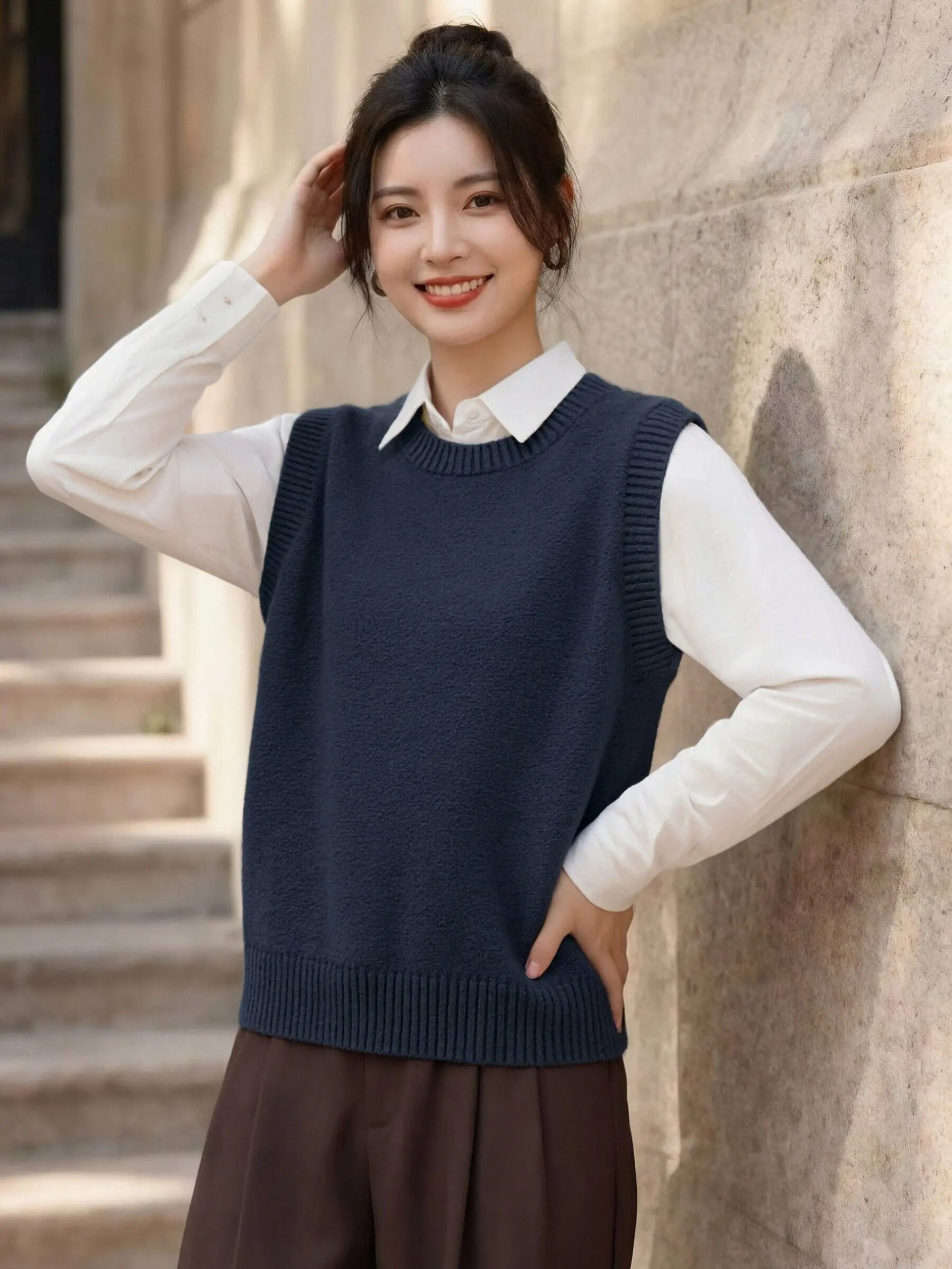 

Женский вязаный жилет из 100% хлопка с круглым вырезом, универсальный, для повседневной носки, дышащий, легкий, свободного кроя.