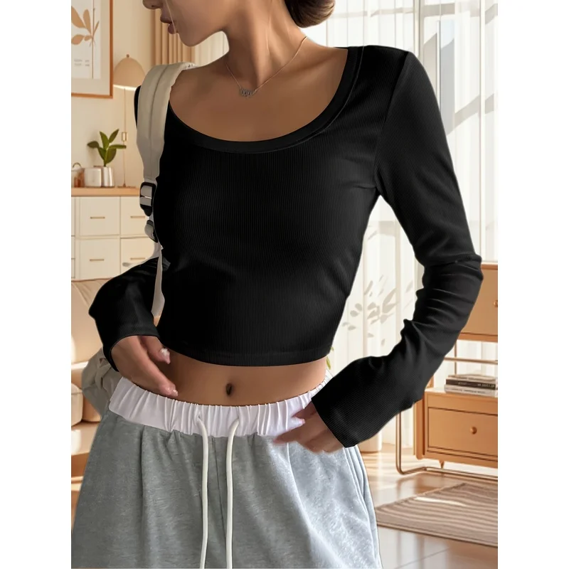 U-neckRibbed Slim-fitCropped Long-sleeve TopShowingOff the Waist to Accentuate Curves,Made of High-stretch Skin-friendly Fabric