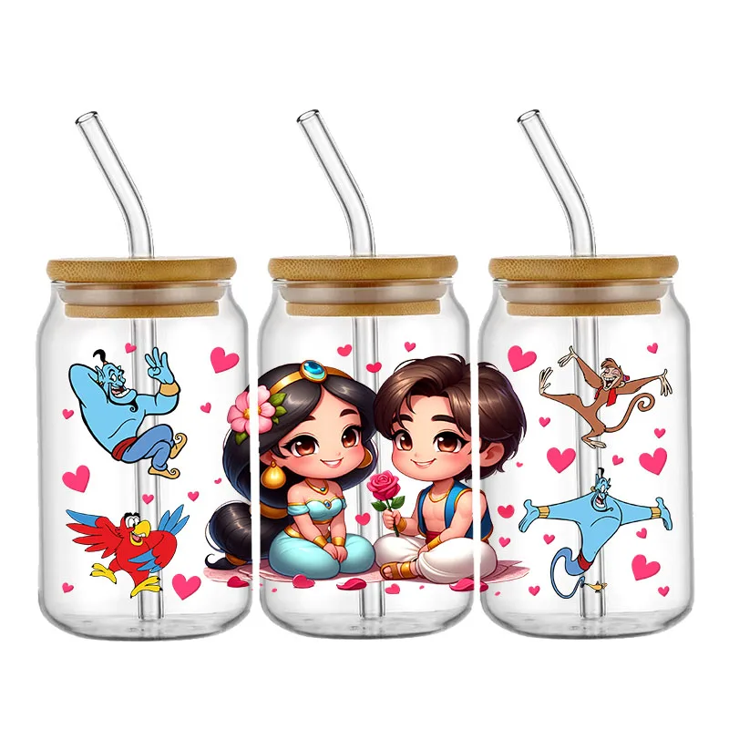 Disney Prinses 3d Waterdichte Uv Dtf Cup Wrap Voor 16Oz Libbey Cartoon Prinses Glas Kan Diy Transfer Sticker