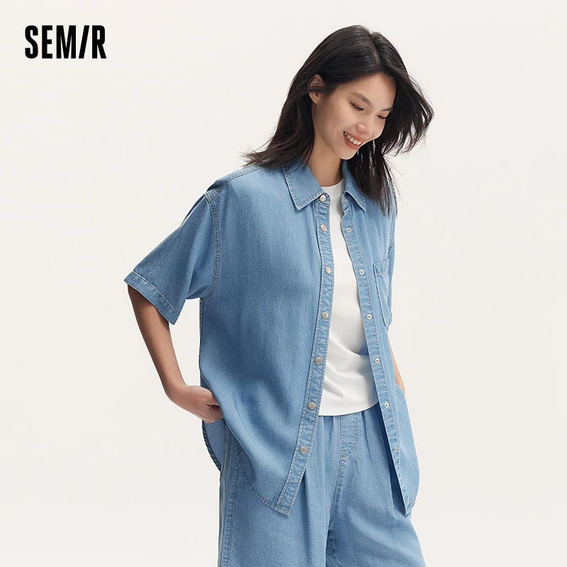 Semir Denim Shirt Women 2024 Summer New Mid-Length Dropped Shoulders Loose-Fit Short-Sleeved Soft Denim Blouse Casual Relaxed