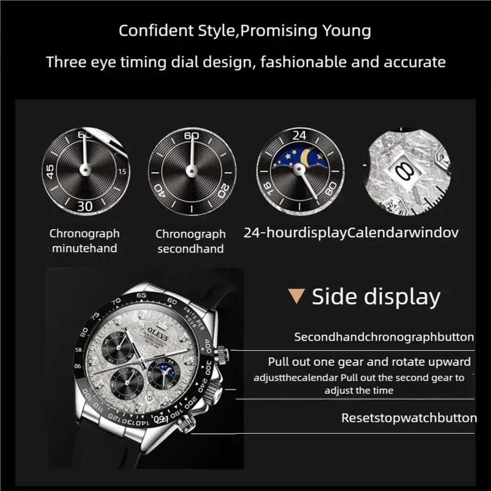 OLEVS Luxury Men\'s Watches Moon Phase Chronograph Man Watch Original Quartz Wrist Watch Waterproof Luminous Watch for Men Clock