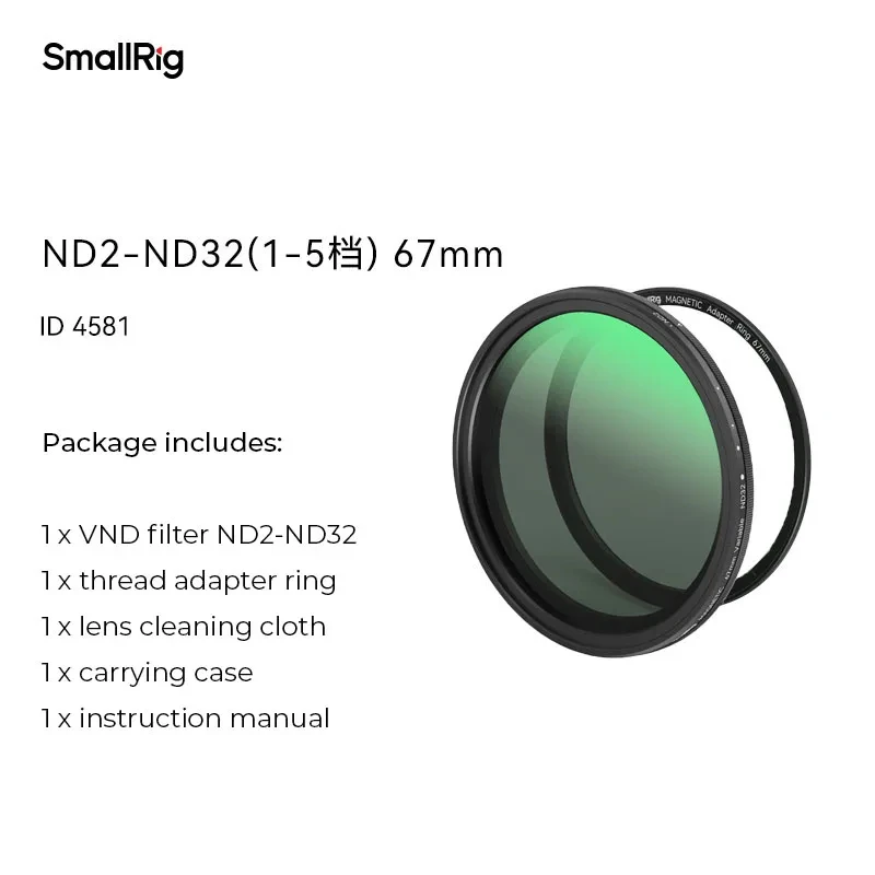 SmallRig 67 mm magnetisch bevestigbaar VND-filter ND2-ND32 (1-5 stop) met 67 mm schroefdraadfilterring voor iPhone 15 Pro, S24 Ultra -4581