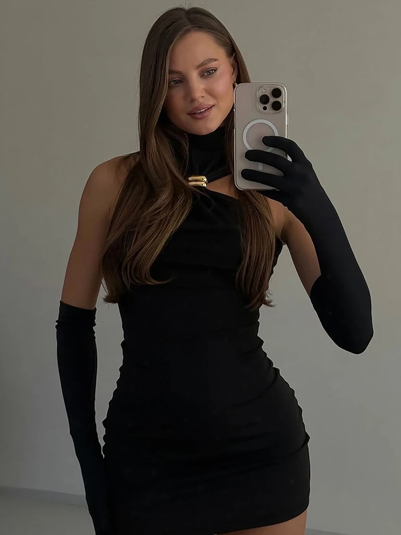 DGLUKE Schwarzes Rollkragen-Minikleid für Damen, Metallring, ausgeschnitten, figurbetontes Kleid, Sommer, sexy Nachtclub-Kleider