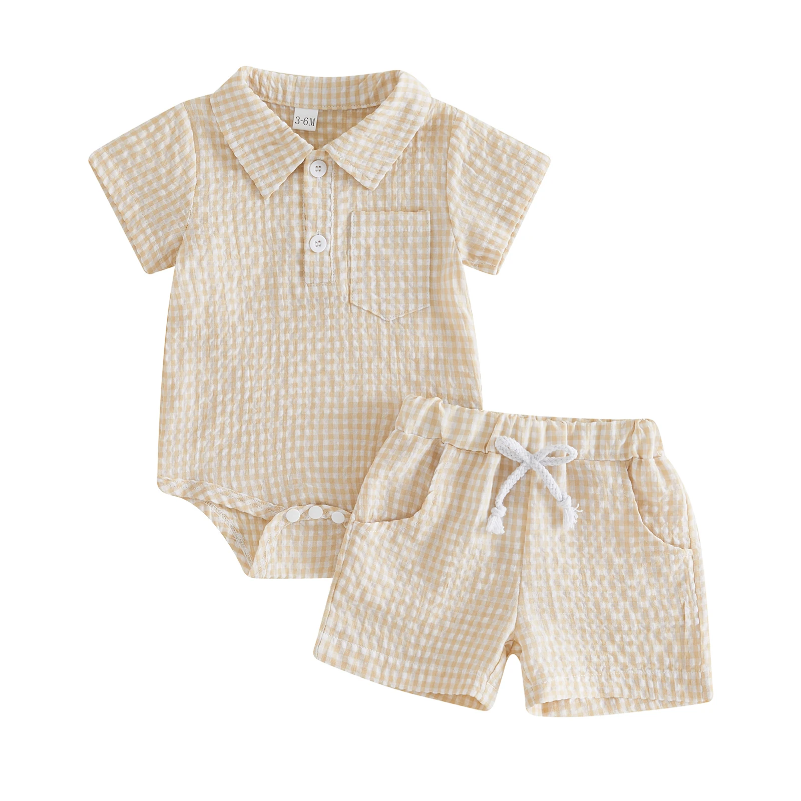 

Baby Boy Shorts Set Plaid Short Sleeve Half Button-up Collared Romper and Shorts 2 Piece Summer Outfit