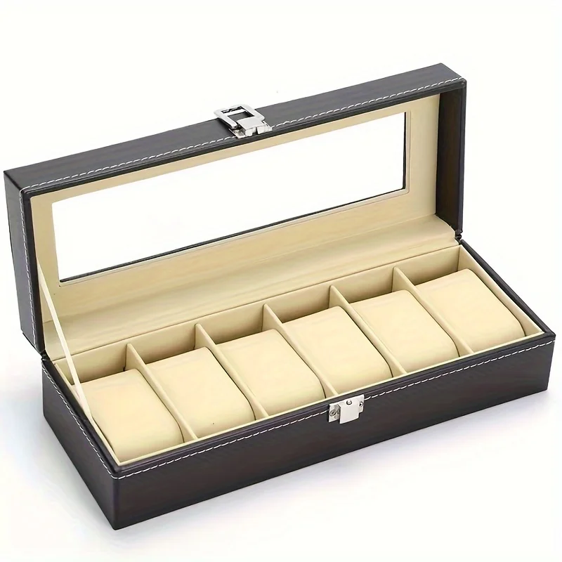 Vetrina per orologi e gioielli in pelle nera a 6 Slot di lusso-elegante Organizer Flip-Top per accessori