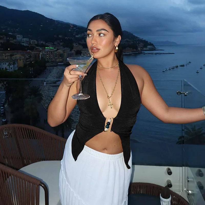 

Zeyla Solid Color Halter Cami Tanks Top-Women’s Sexy Backless Ruched Slim-Fit Stylish For Beach Vacation Wear Outfits