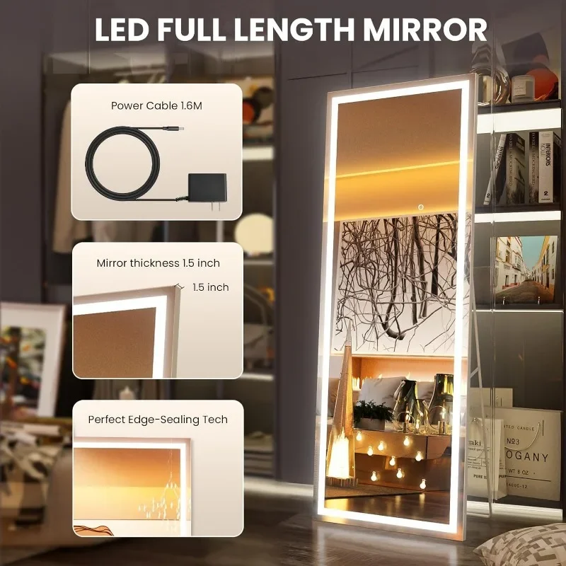 67X24 Inch LED Full Length Mirror with Lights,Frame Lighted Floor Mirror, Dimmable & 3 Color Modes LED Full Body Dressing Mirror