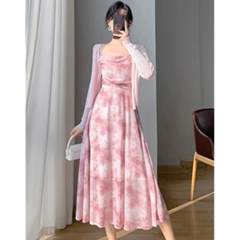 Women Graceful Summer Thin Knit Shirts Sling Chiffon Dress 1 or Two Piece Set Korean Lady Print Camisole Dresses Tops Outfits