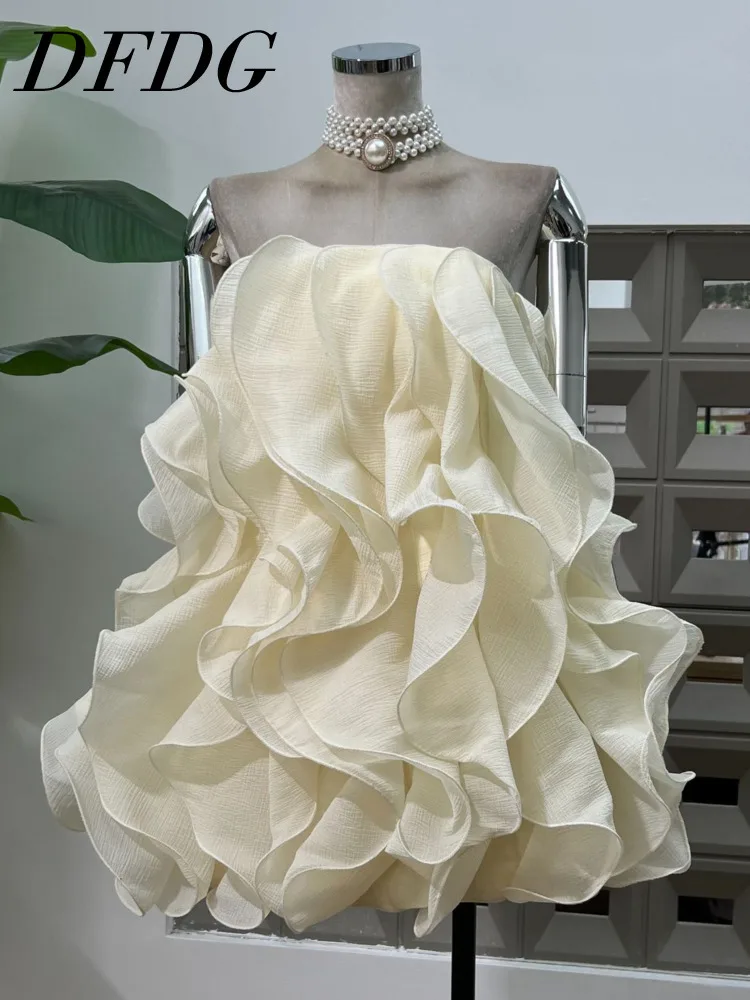 Dfdg elegante vestido tubo sem alças em camadas babados bainha pura silhueta esculpida 2025 primavera verão vestido de festa cocktail