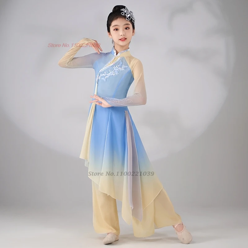

2025 chinese vintage children dance costume gradient color folk dance mesh qipao dress+pants set retro stage performance dress