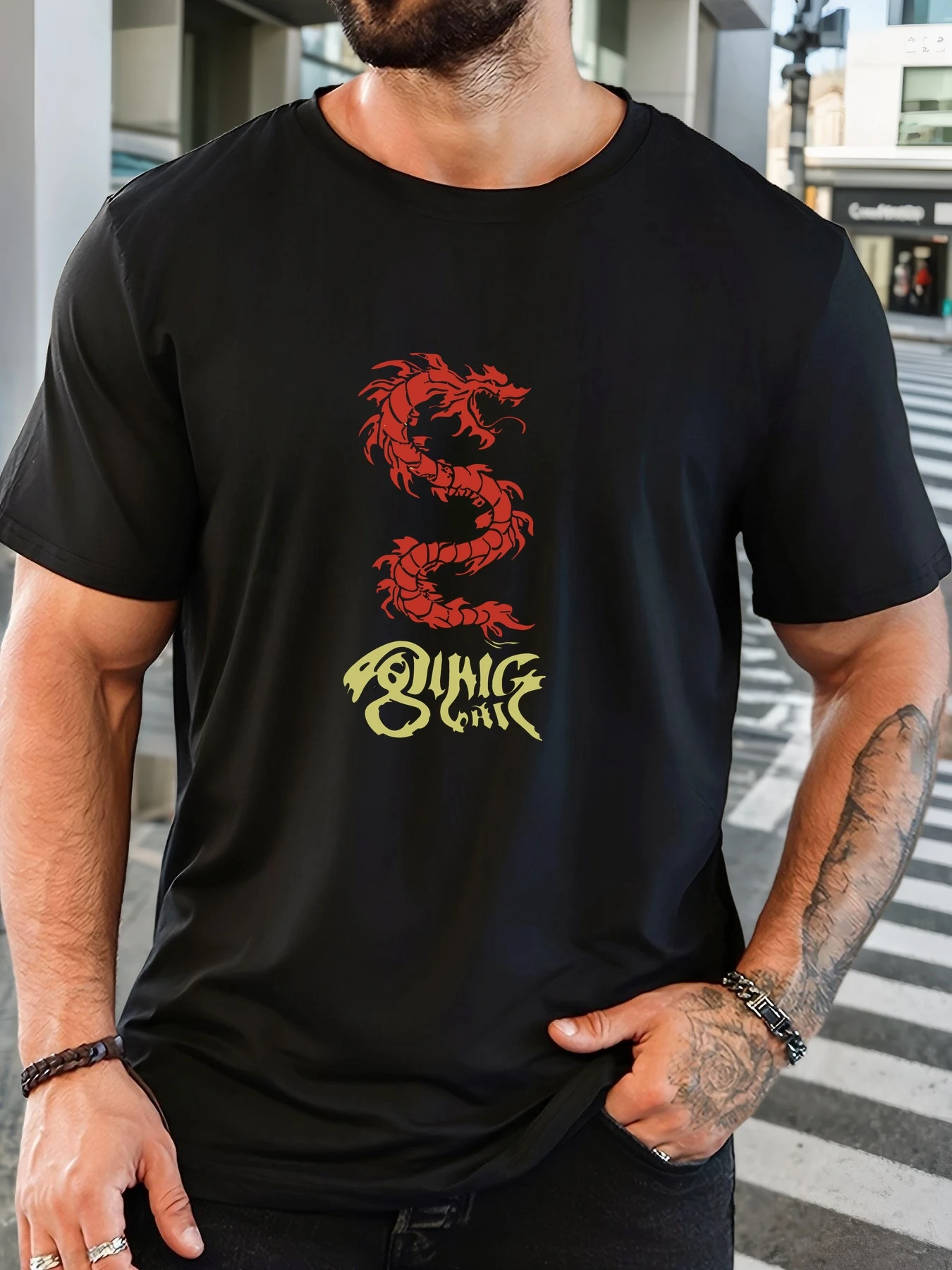

Men's 100% Cotton Printed T-Shirt Red Dragon Pattern Summer Casual Oversized Round Neck Short Sleeve Comfortable Daily Tee