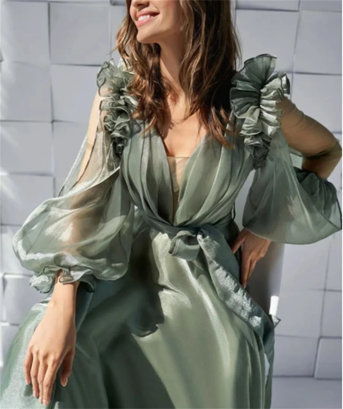 Vestido De Novia bohemio verde para mujer, traje elegante De Princesa con mangas abullonadas, escote Corazón, apliques, 2024