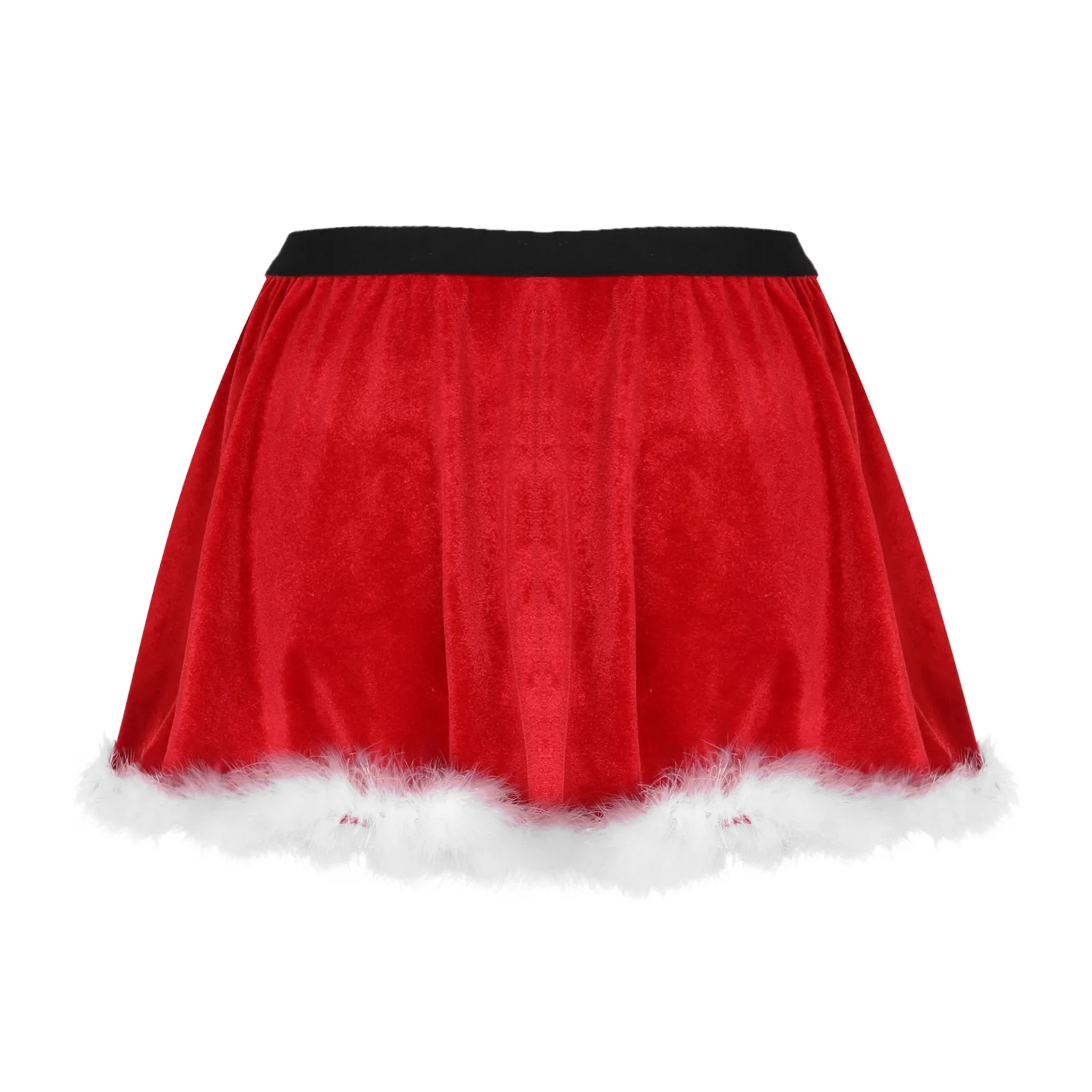 Womens Christmas Miniskirt Santa Claus Costume Feather Trim Velvet Ruffled Skirts Xmas Festival New Years Rave Party Dress Up