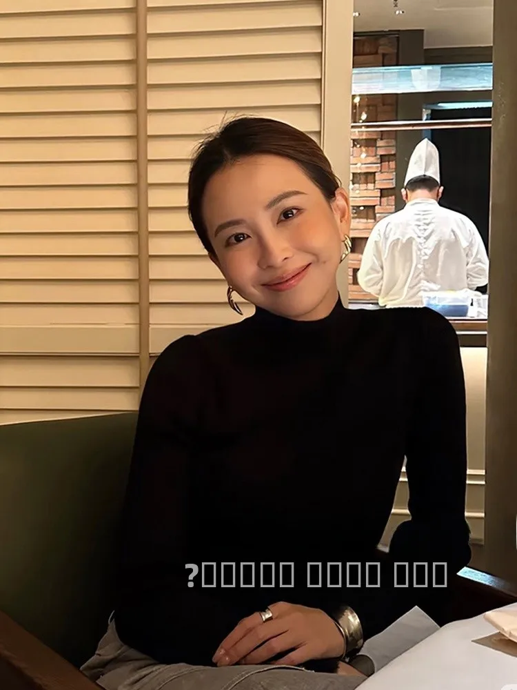 

Ультратонкий шерстяной трикотаж с длинным рукавом и средним вырезом, однотонная женская базовая кофта, универсальный трикотаж однотонного цвета