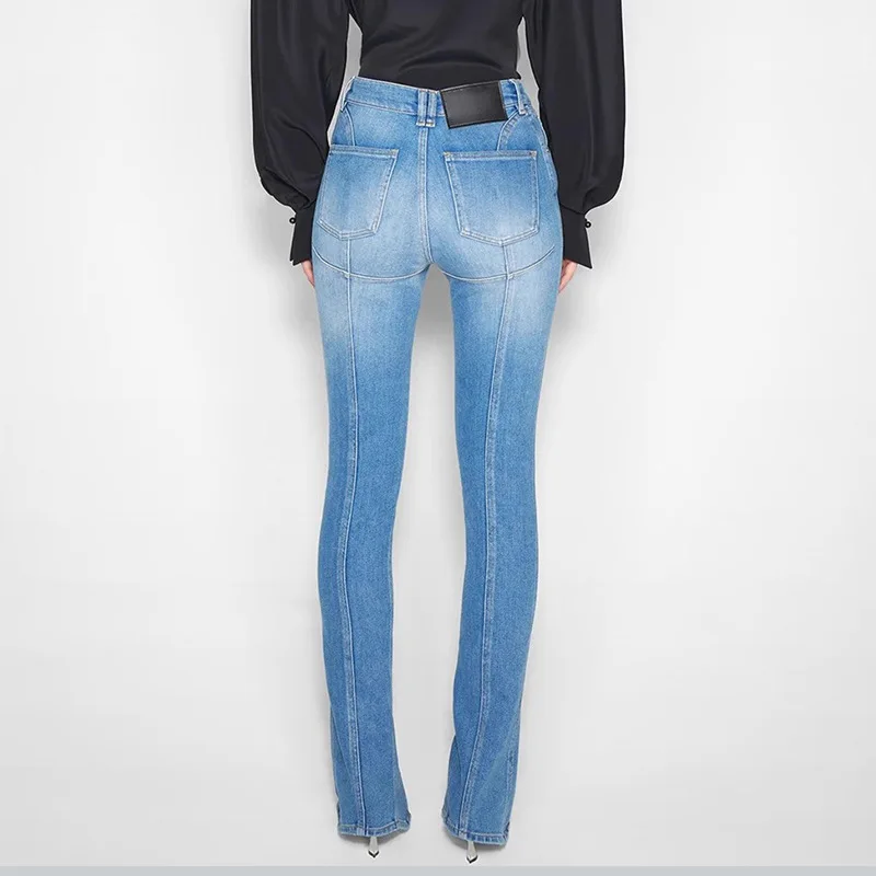 Hksh primavera outono novas mulheres jeans fino ajuste divisão angustiado lavado denim retro high street elegante moda lápis calças hk17858