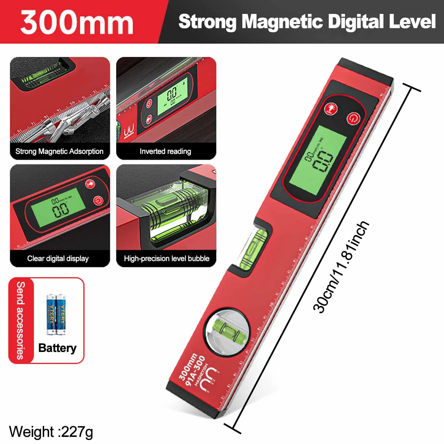 30/40/50 cm Elektronische Digitale Display Niveau Heerser Magnetische Hoekmeter Aluminium Niveau Gradenboog Inclinometer 90 graden