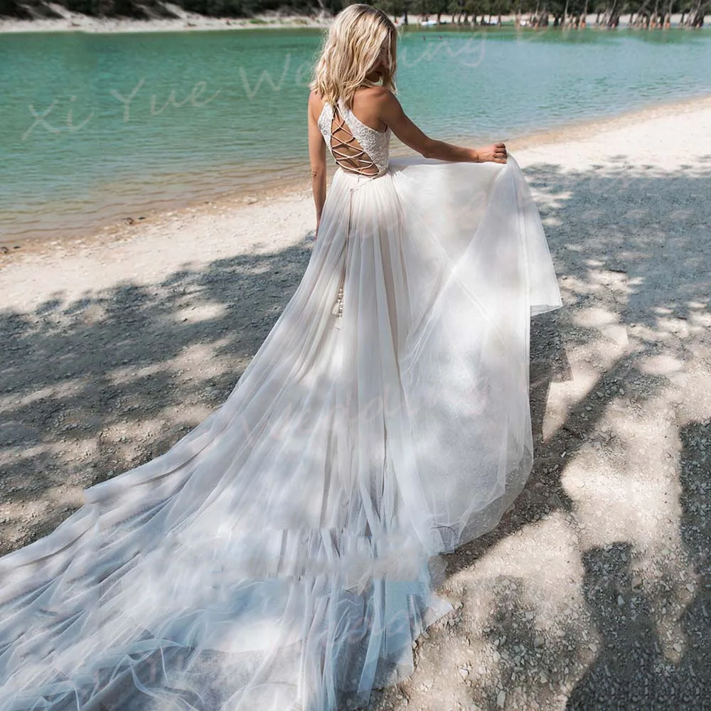 Robes de mariée A-Line pour femmes, appliques de dentelle simples, mariée moderne, tout ce qui est classique, fibroBeach Tulle