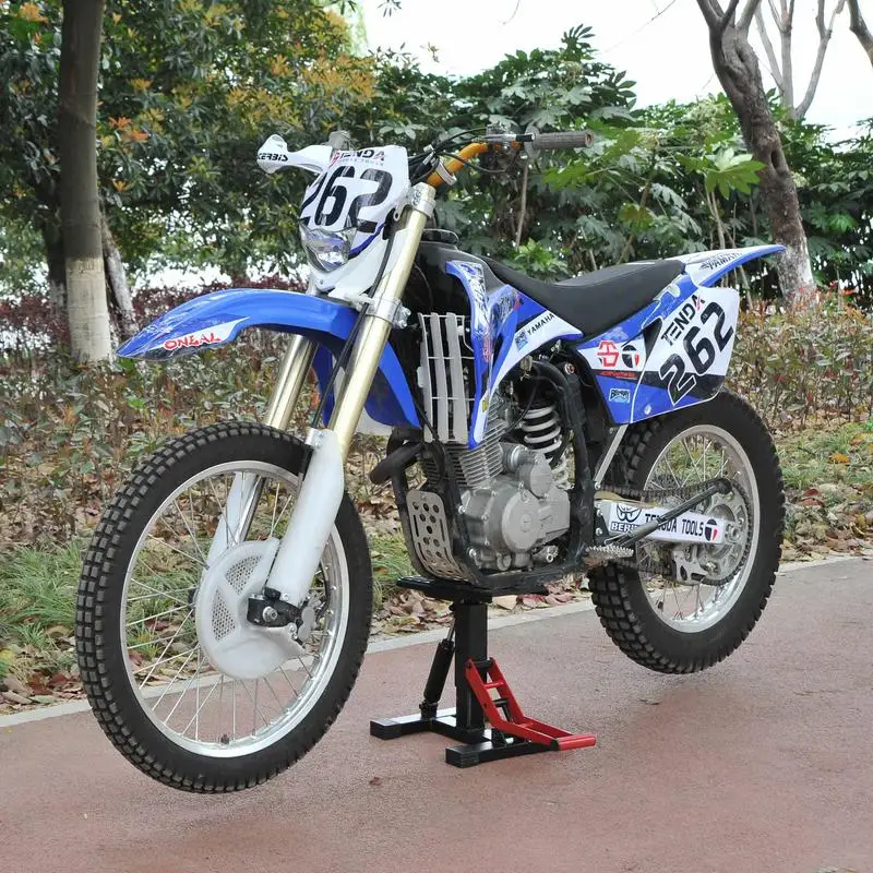 Support moto réglable, structure solide, charge 150 kg, conception stable pour l'entretien des véhicules, utilisation en garage